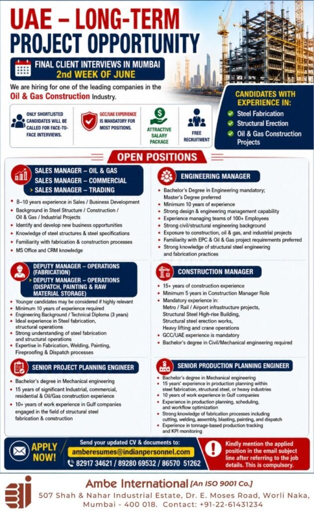 UAE : hiring for one of the leading companies in the Oil & Gas Construction Industry