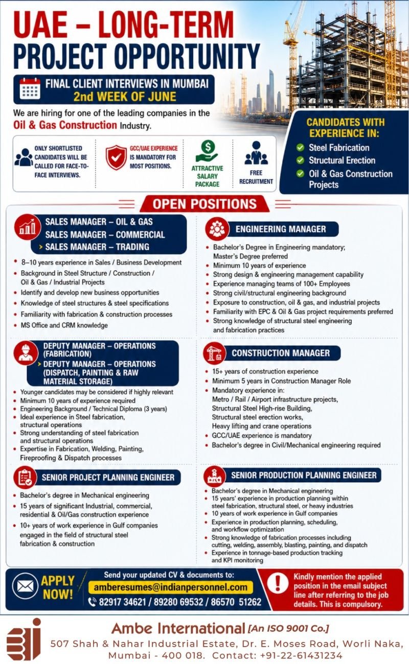 UAE : hiring for one of the leading companies in the Oil & Gas Construction Industry