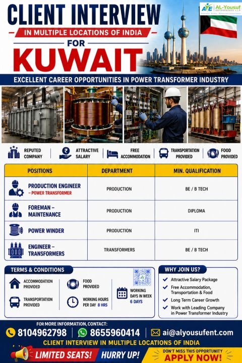 Kuwait : Hiring For Power Transformer Industry.