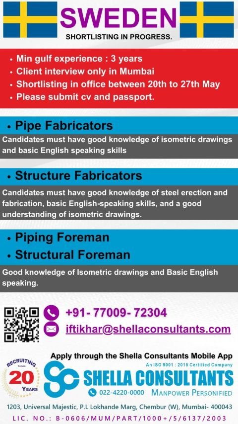 Sweden Hiring Pipe Fabricators, Structure Fabricators and Foreman Jobs 2025