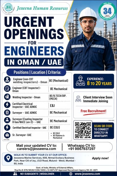 Oman & UAE Engineer Jobs 2026 | Urgent Hiring