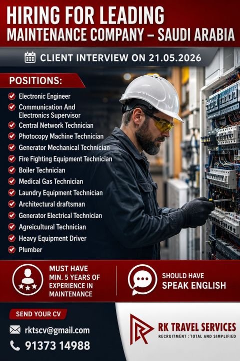 Hiring Urgent For Maintenance Company in Saudi Arabia Hiring Urgent For Maintenance Company in Saudi Arabia