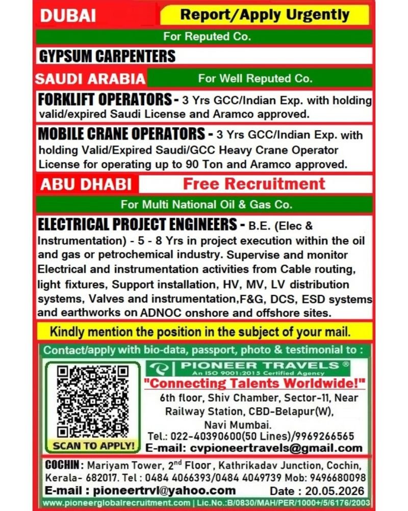Hiring For Dubai, Saudi Arabia & Abudhabi