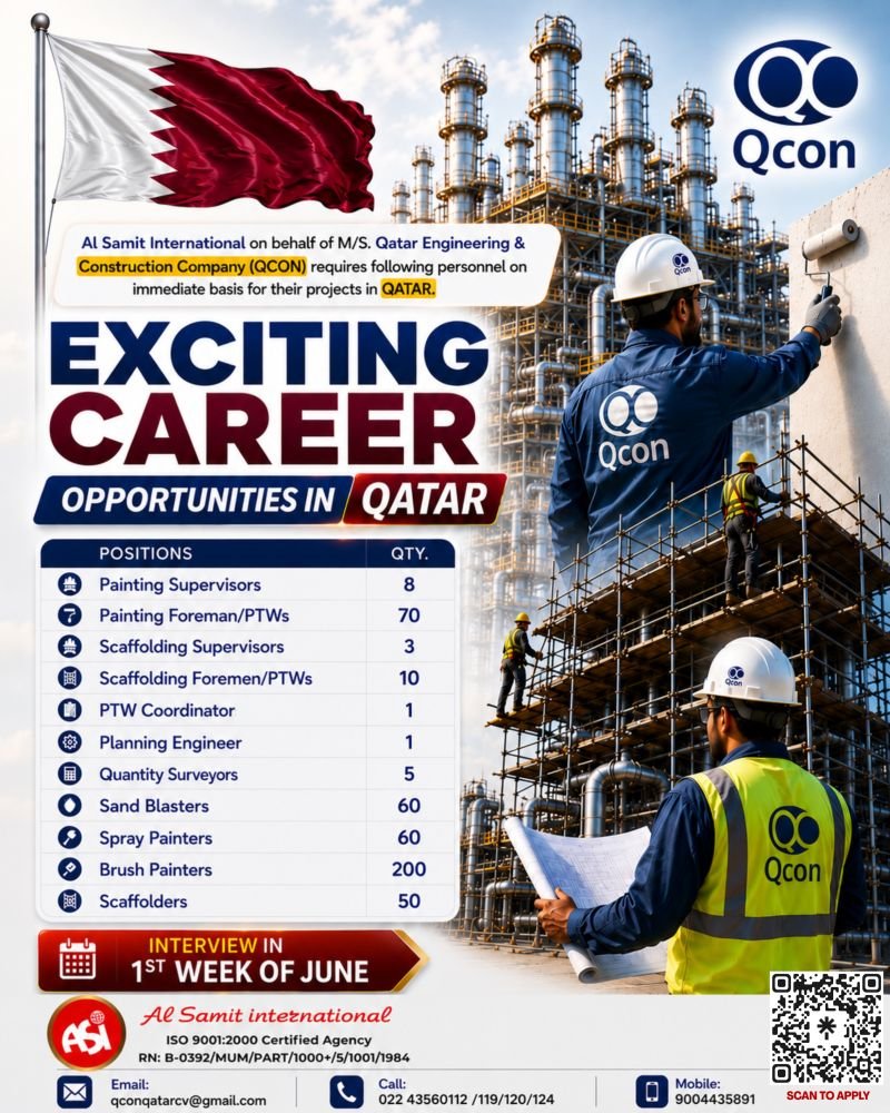 Qatar : hiring for major immediate projects on behalf of M/S. Qatar Engineering & Construction Company (QCON).