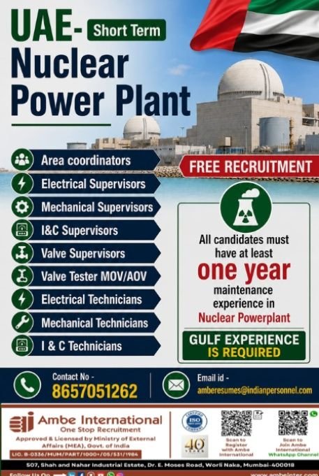 UAE – Hiring for a prestigious Nuclear Power Plant project in the UAE