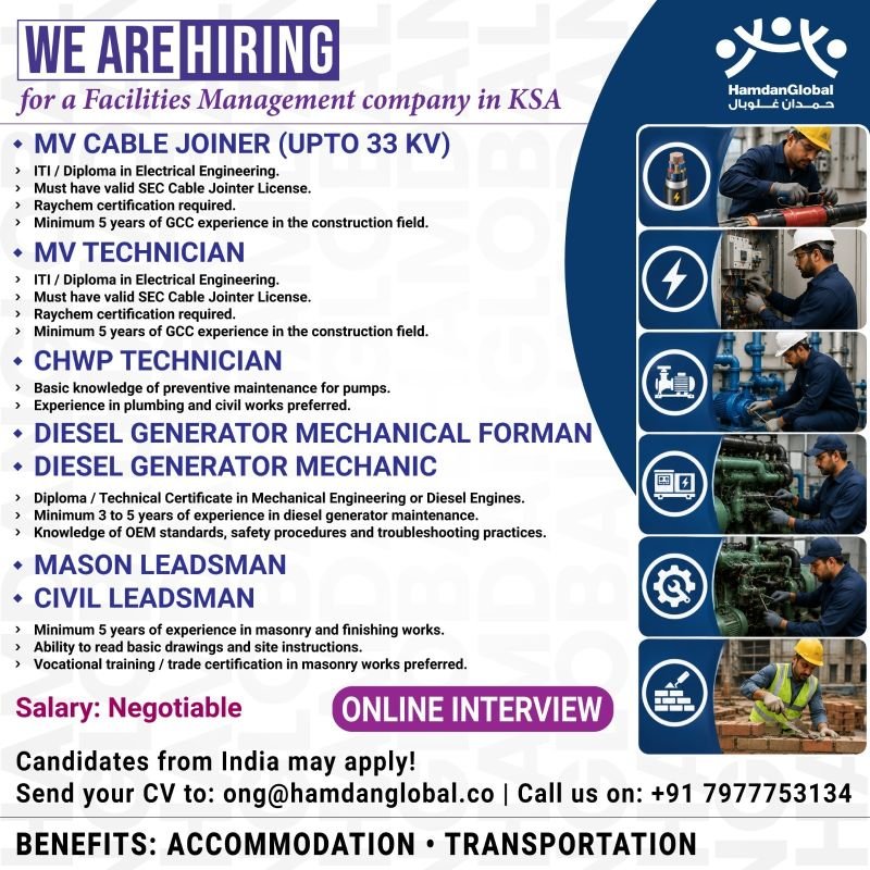 hiring Urgent for a Facilities Management company in Saudi Arabia