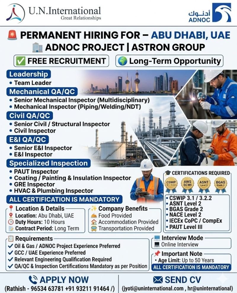 UAE Abu Dhabi Jobs 2026 – Free Recruitment for QA/QC Inspectors and Engineering Professionals