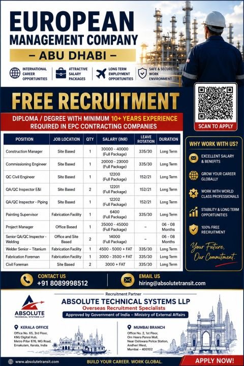 UAE EPC Project Jobs 2026 – Hiring For long-term EPC contracting projects