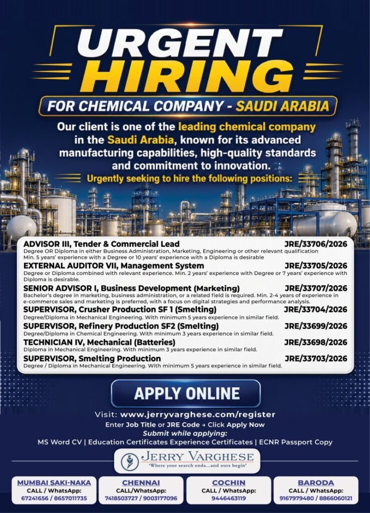 Urgent Hiring for Chemical company - Saudi Arabia
