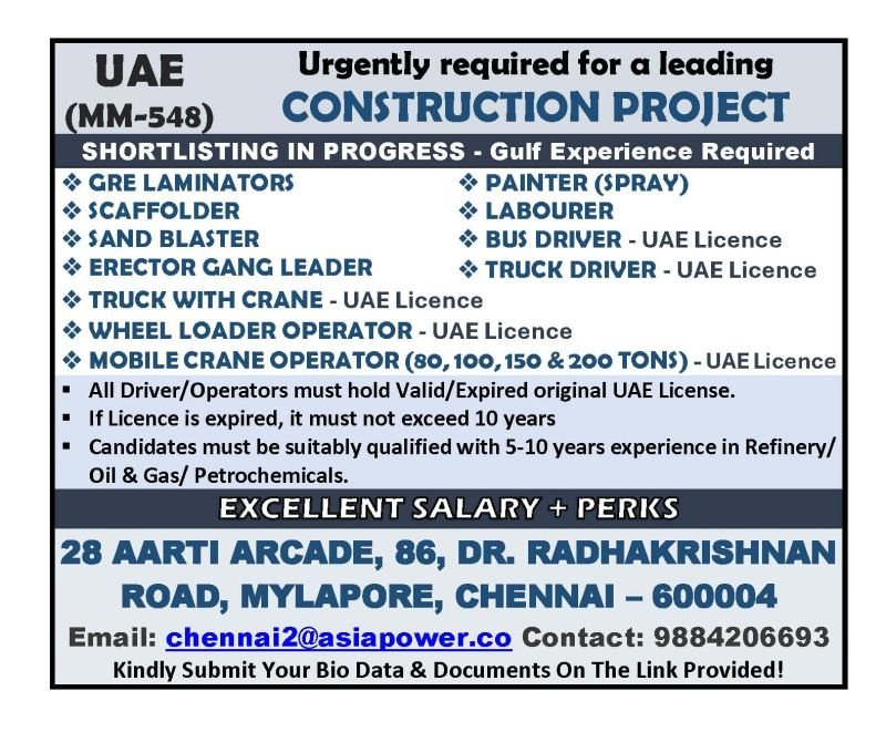 UAE Construction Project Jobs 2026 – Urgent Hiring