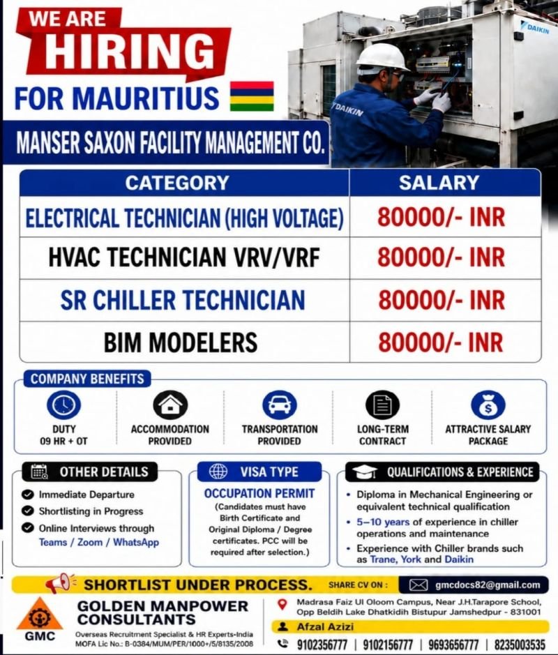 Mauritius Jobs 2026 – Hiring For Manser Saxon Facility Management Company