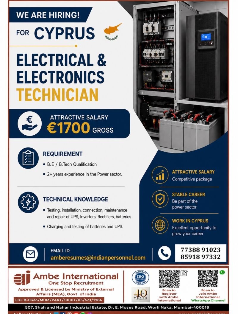 Hiring for Cyprus - Electrical & Electronics Technicians Hiring