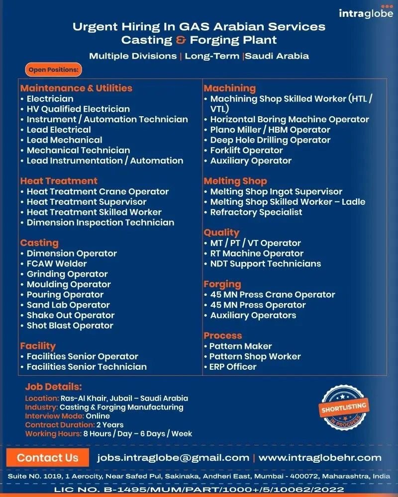 Urgent Hiring in GAS Arabian Services Casting & Forging Plant – Saudi Arabia