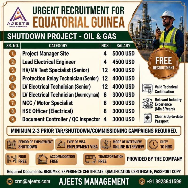 Urgent Recruitment for Equatorial Guinea Shutdown Project – Oil & Gas Jobs 2026