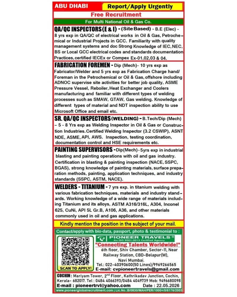 Free Recruitment For Abudhabi UAE - Multinational Oil Gas Company