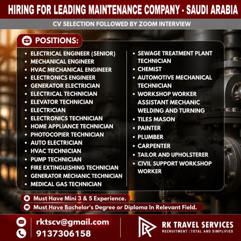 Hiring for Leading Maintenance Company in Saudi Arabia – Multiple Technical Job Vacancies