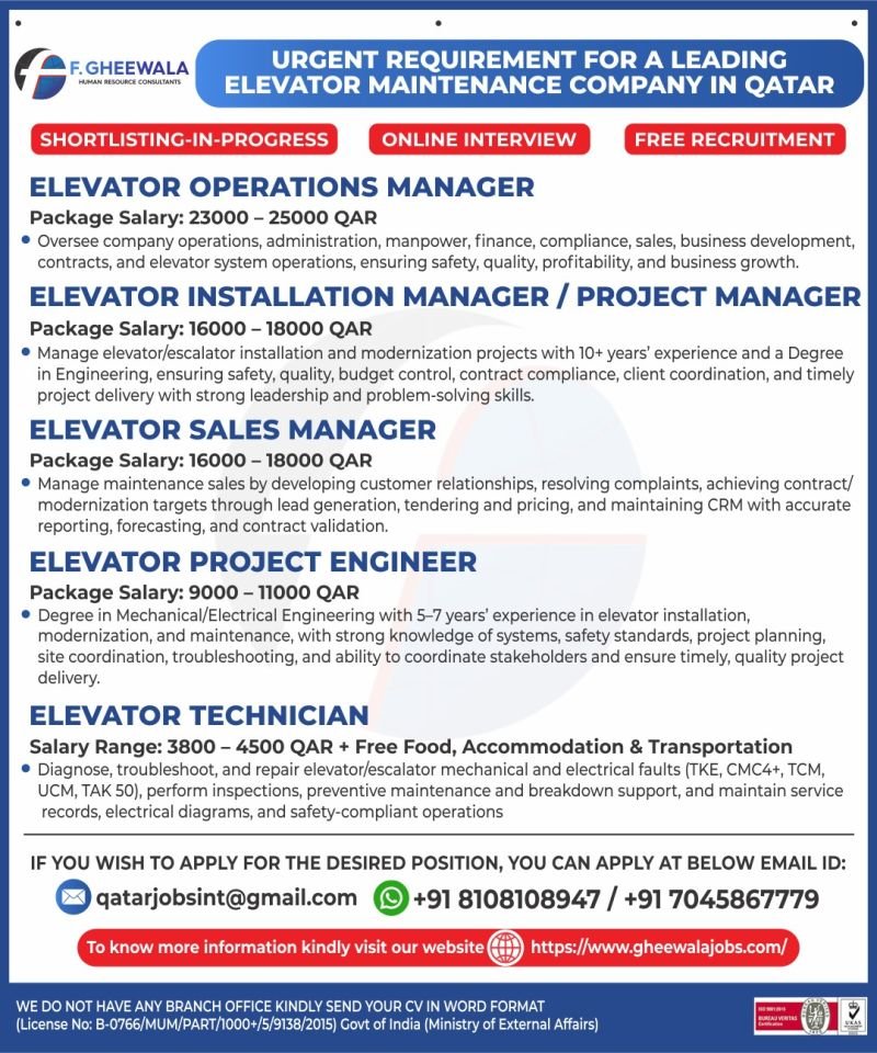 Job Openings for an Elevator Maintenance Company in Qatar
