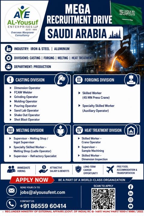 Mega Recruitment Drive for Saudi Arabia – Iron & Steel and Aluminum Industry Jobs Mega Recruitment Drive for Saudi Arabia – Iron & Steel and Aluminum Industry Jobs