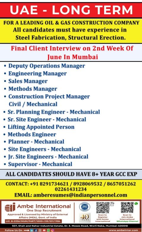 UAE Long-Term Jobs 2026 – Oil & Gas Construction Company Hiring in UAE