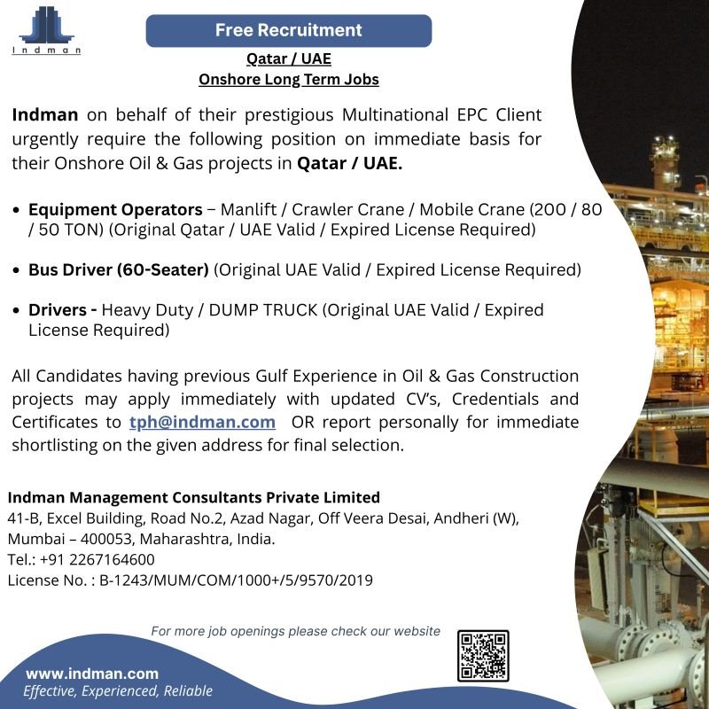 Free Recruitment For Onshore Jobs Qatar / UAE
