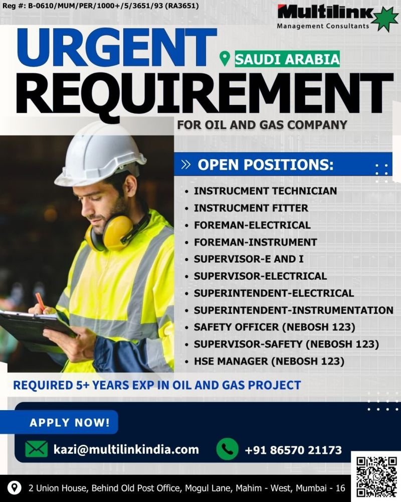 Saudi Arabia Oil & Gas Jobs 2026 – Urgent Hiring for Electrical, Instrumentation and HSE Professionals