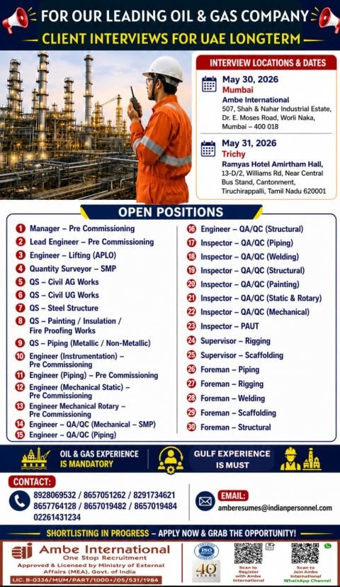 UAE Oil & Gas Jobs 2026 – Long-Term UAE Project Hiring Engineers, QA/QC Inspectors and Supervisors UAE Oil & Gas Jobs 2026 – Long-Term UAE Project Hiring Engineers, QA/QC Inspectors and Supervisors