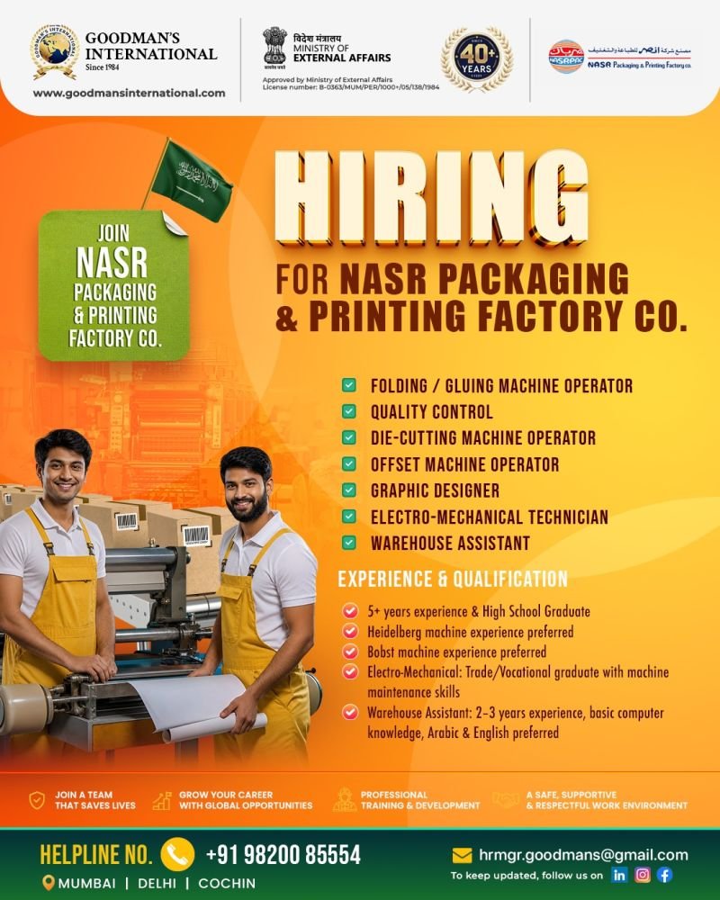 Hiring for a leading Packaging & Printing Factory in Saudi Arabia
