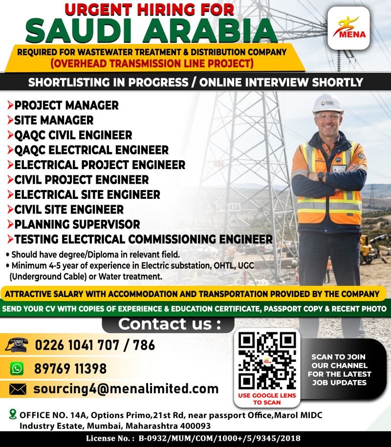Urgent Hiring for Saudi Arabia OHTL Project
