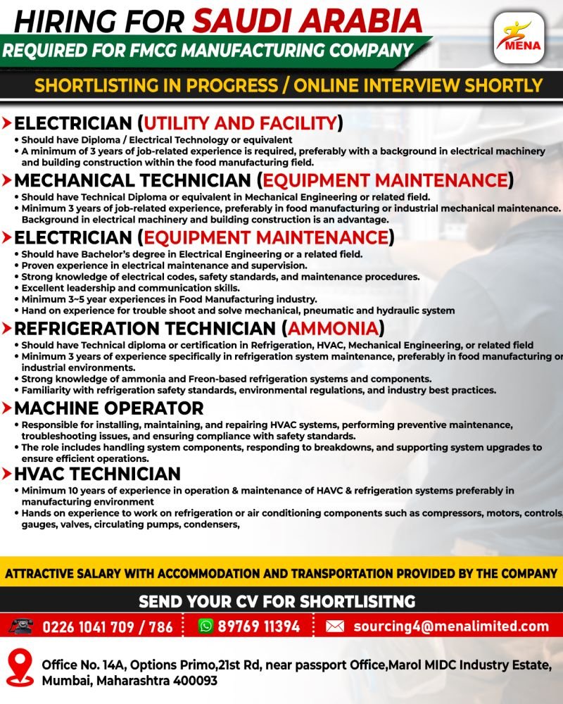 Urgent Hiring for Saudi Arabia FMCG Manufacturing Company