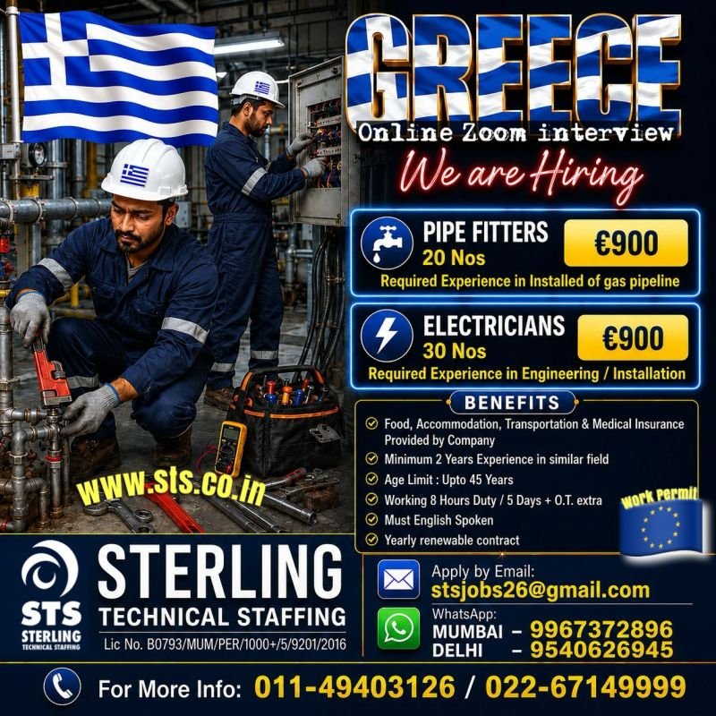 Greece Jobs 2026 – Online Zoom Interview for Pipe Fitters and Electricians