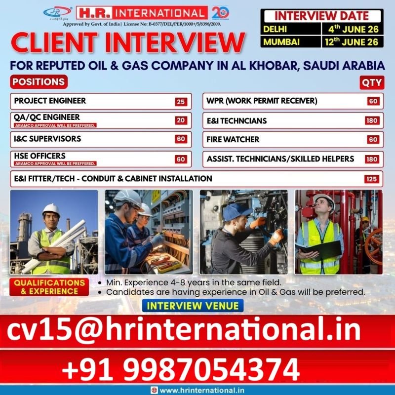 Urgently Hiring for Oil & Gas Company – Saudi Arabia