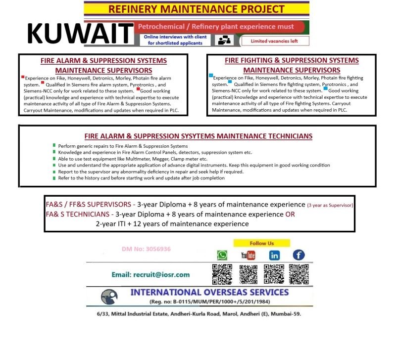 Kuwait Refinery Maintenance Project Jobs 2026 – Fire Alarm & Fire Fighting System Vacancies