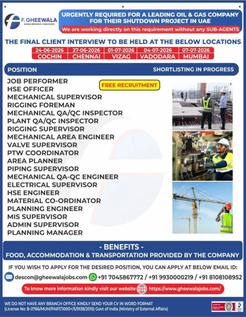 UAE Oil & Gas Shutdown Project Jobs 2026 – Free Recruitment | Final Client Interviews Across India