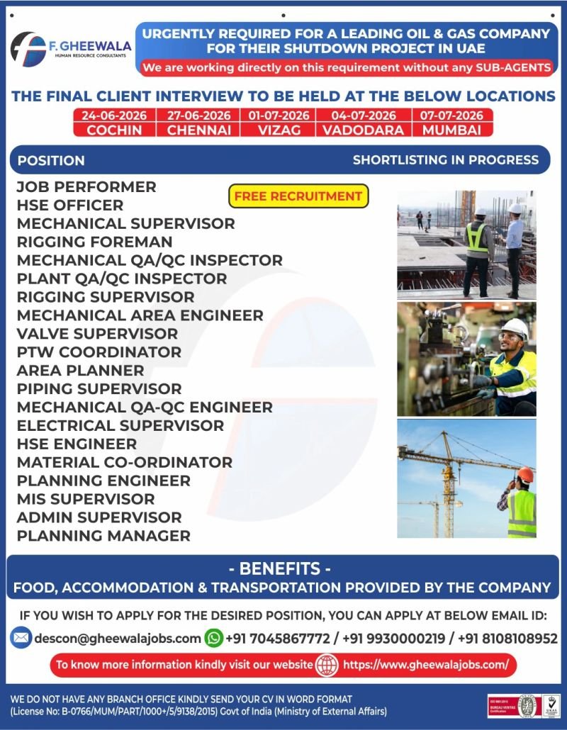 UAE Oil & Gas Shutdown Project Jobs 2026 – Free Recruitment | Final Client Interviews Across India