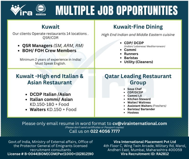Kuwait & Qatar Restaurant Jobs 2026 – Multiple Hospitality Career Opportunities