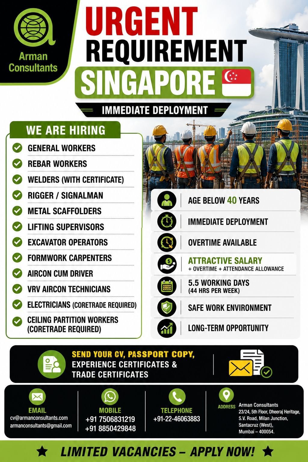 Singapore Jobs 2026 – Immediate Deployment for Construction, Welding, Electrical & Air Conditioning Workers