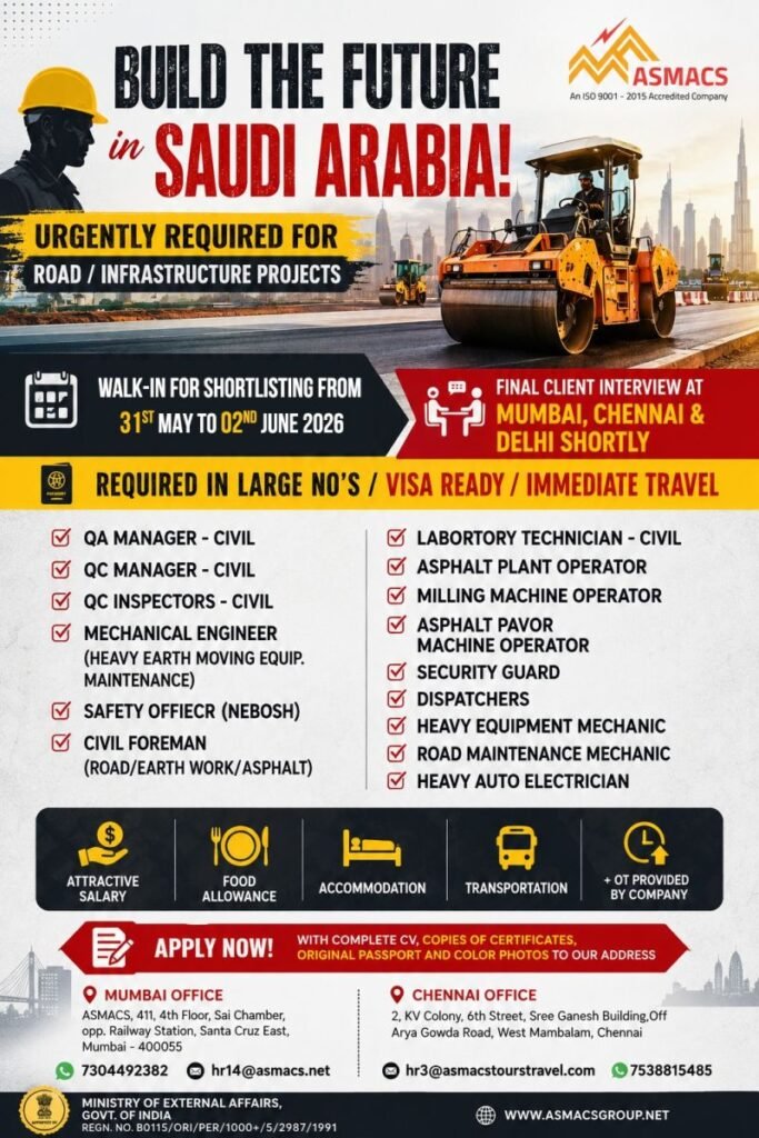 Jobs in Saudi Arabia - Road / Infrastructure Projects Hiring