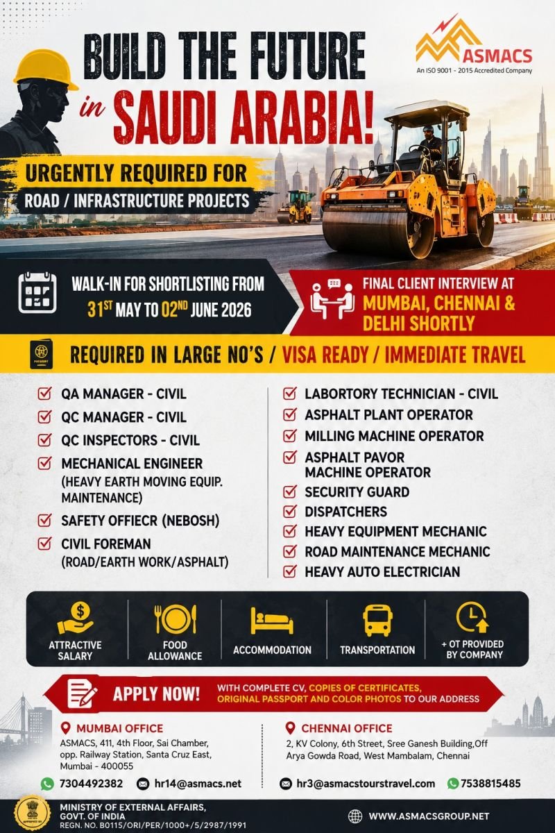 Jobs in Saudi Arabia - Road / Infrastructure Projects Hiring