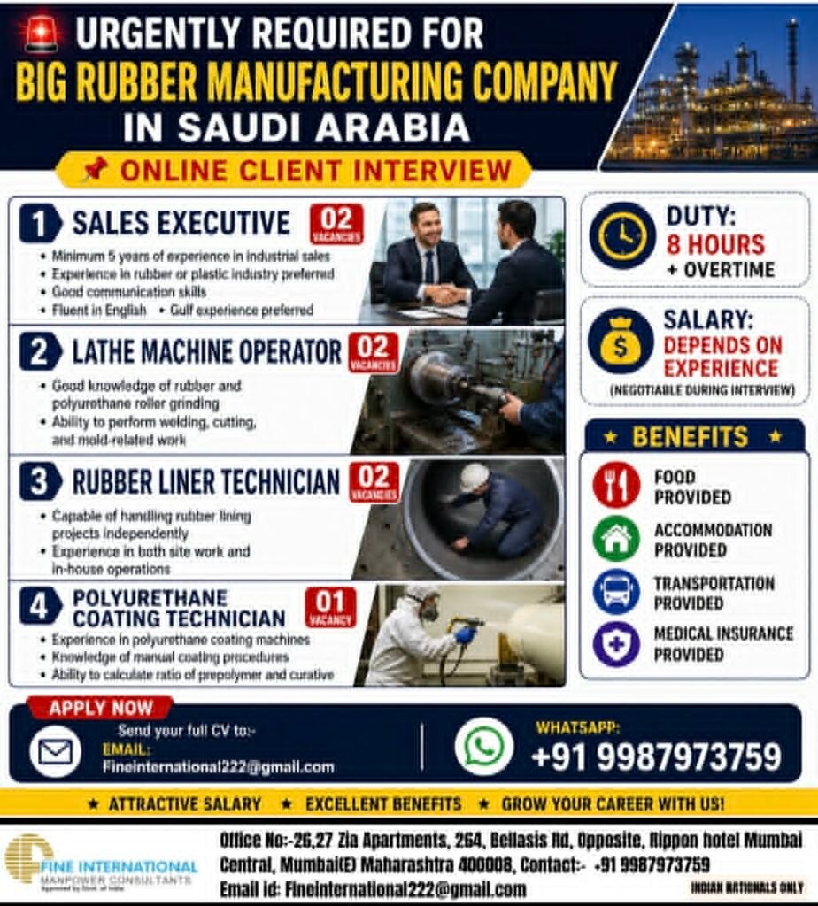 Saudi Arabia Jobs 2026 – Hiring for Rubber Manufacturing Company | Online Interview