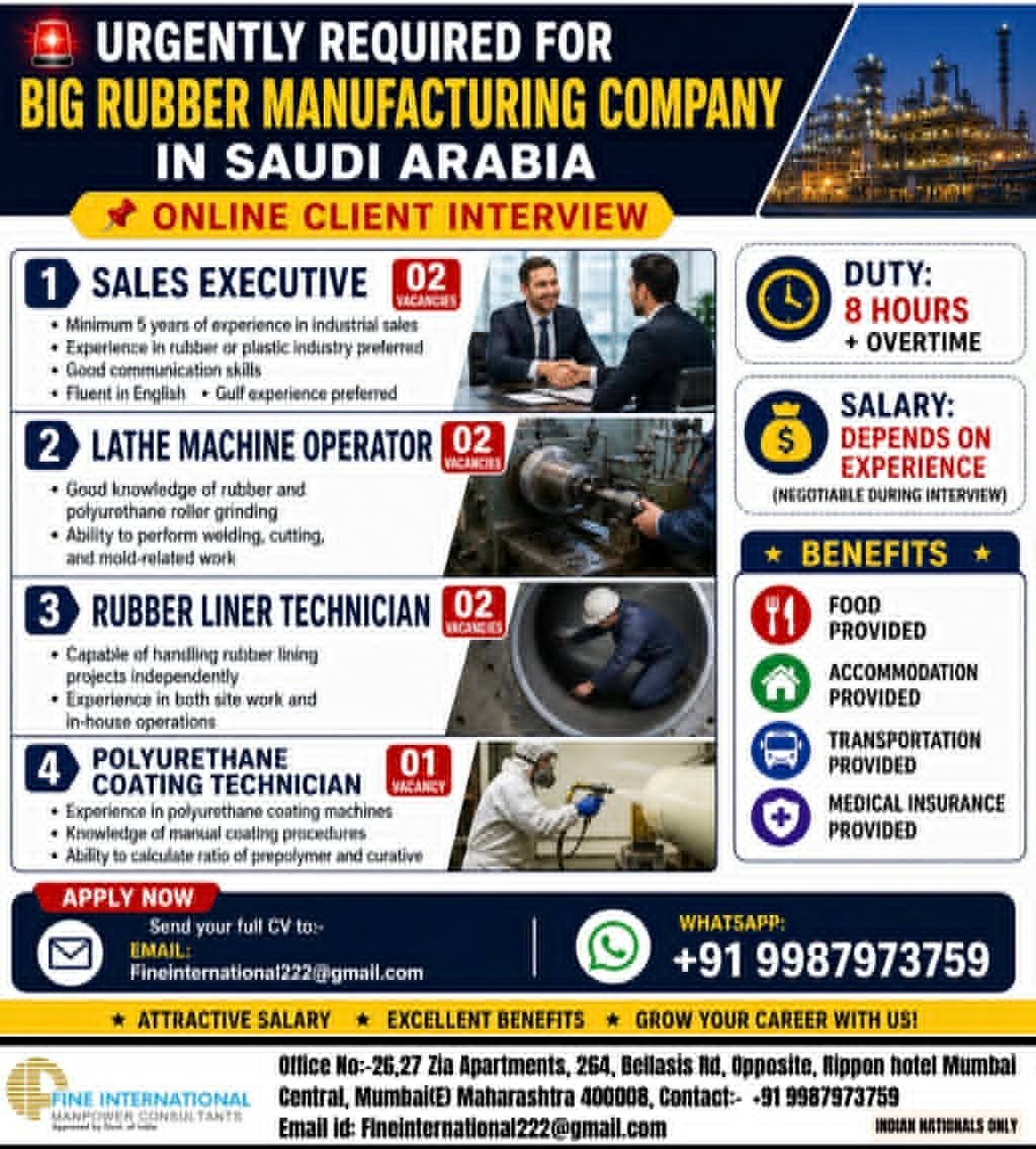 Saudi Arabia Jobs 2026 – Hiring for Rubber Manufacturing Company | Online Interview