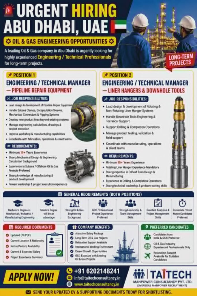 Abu Dhabi Oil and Gas Jobs 2026 – Urgent Hiring for Engineering and Technical Managers in UAE