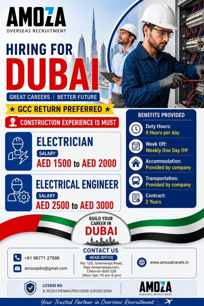 Dubai Jobs 2025: Hiring Electricians and Electrical Engineers for Construction Projects