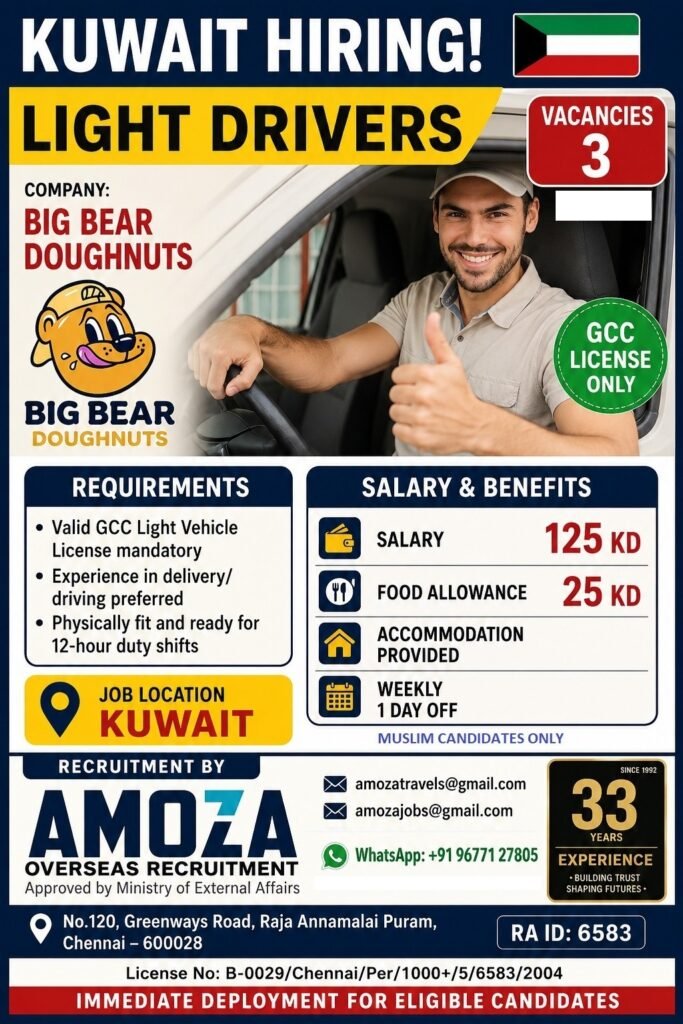 Kuwait Driver Jobs 2025: Hiring Light Drivers for Big Bear Doughnuts