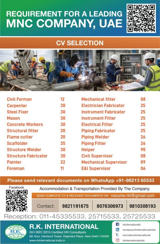 UAE MNC Company Jobs 2026 | Urgent Hiring for Civil, Mechanical, Electrical and Piping Positions