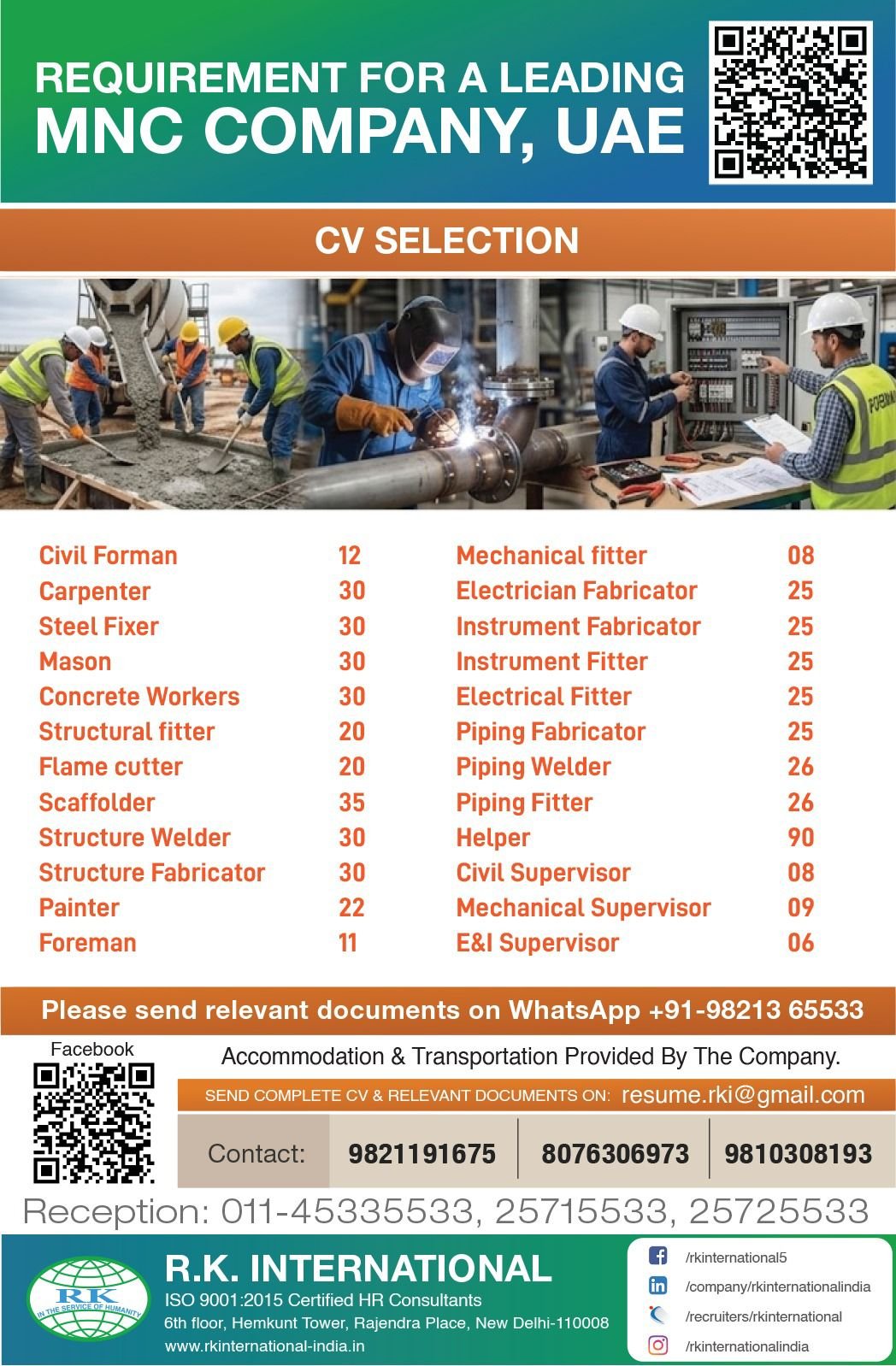 UAE MNC Company Jobs 2026 | Urgent Hiring for Civil, Mechanical, Electrical and Piping Positions
