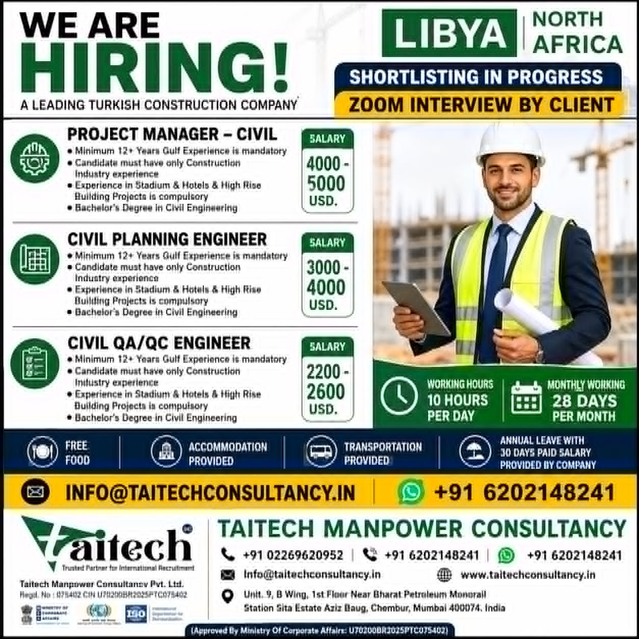 Libya Construction Jobs 2026 – Project Manager, Civil Planning Engineer & QA/QC Engineer Vacancies