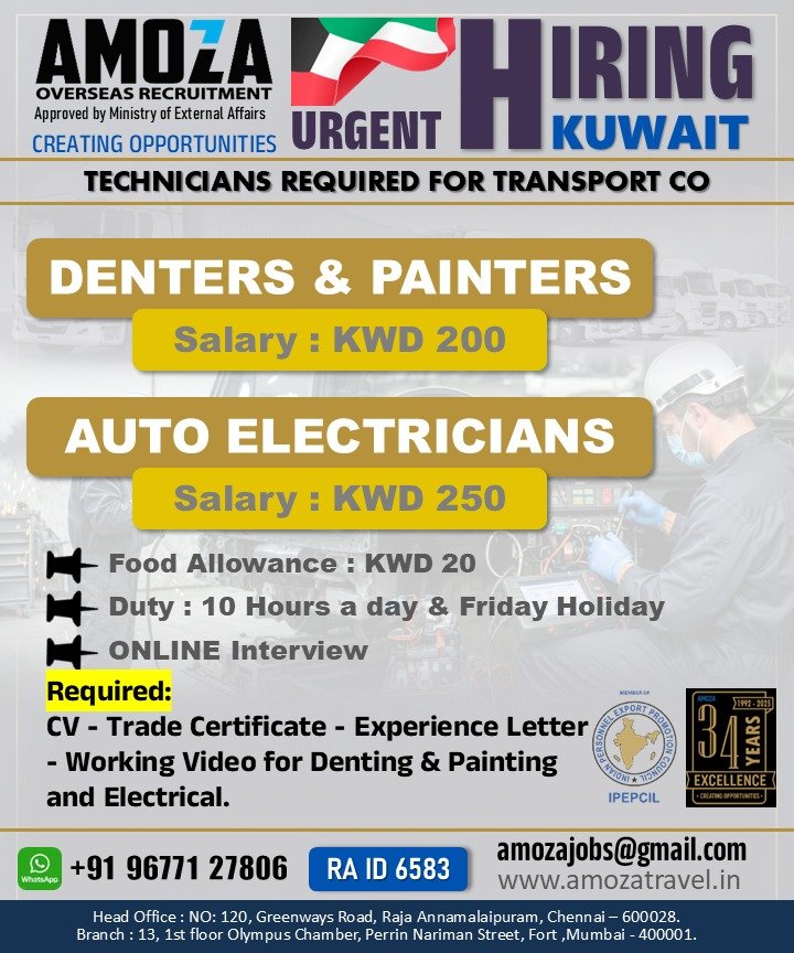 Kuwait Transport Company Jobs 2026 – Hiring Denters, Painters and Auto Electricians