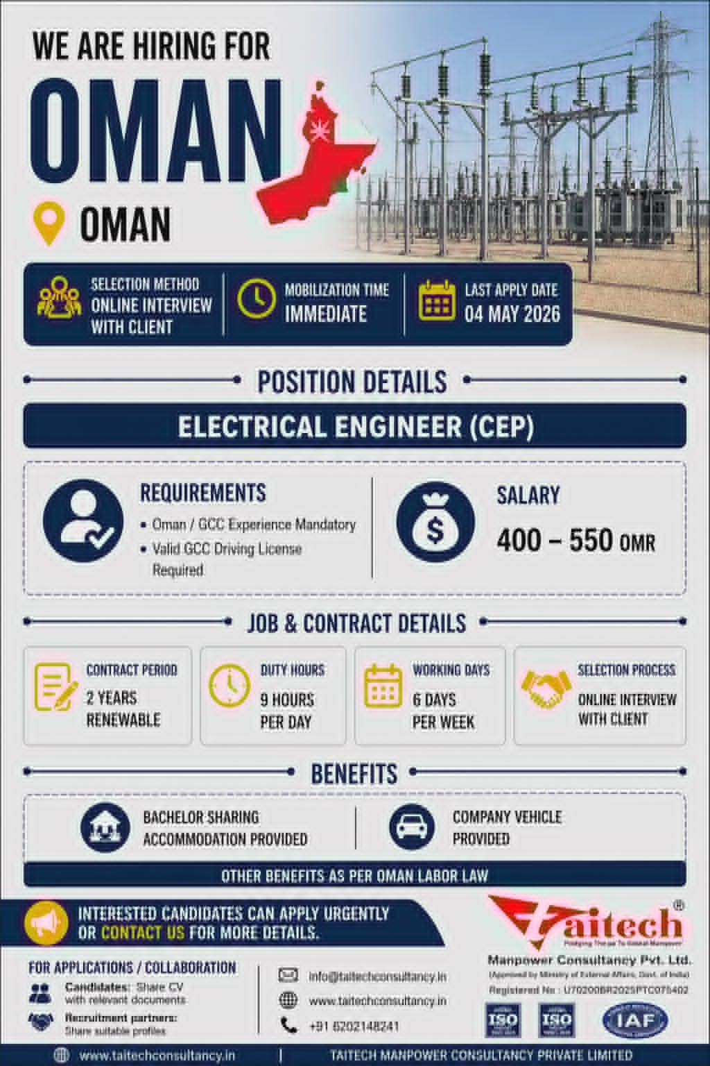 Oman Electrical Engineer Jobs 2026 – Immediate Hiring | Apply Now