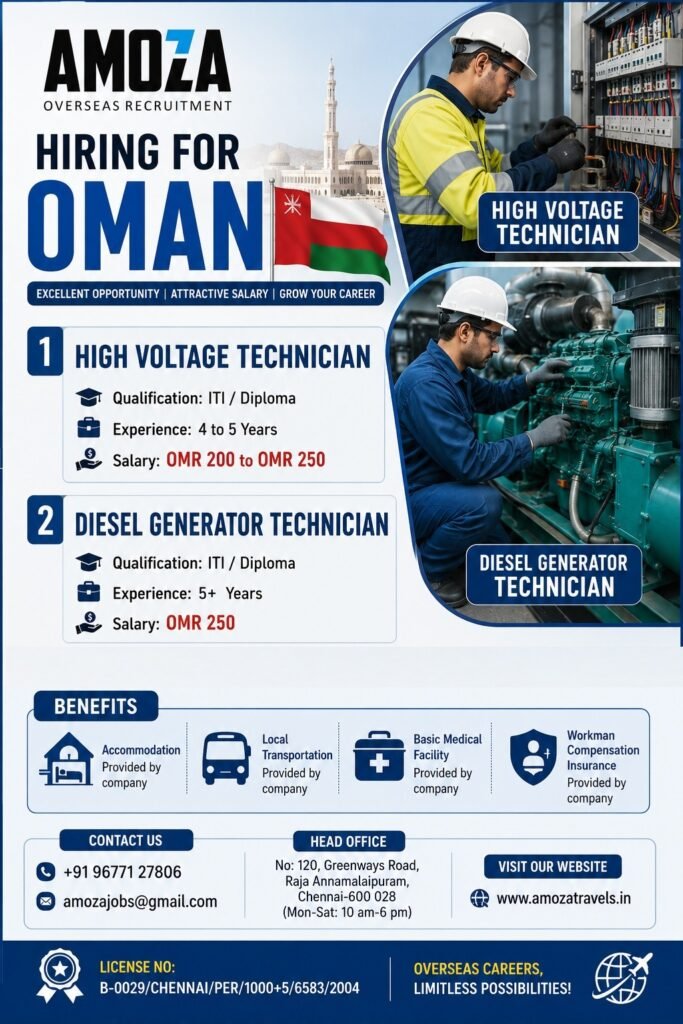 Oman Jobs 2025: Hiring High Voltage Technicians and Diesel Generator Technicians