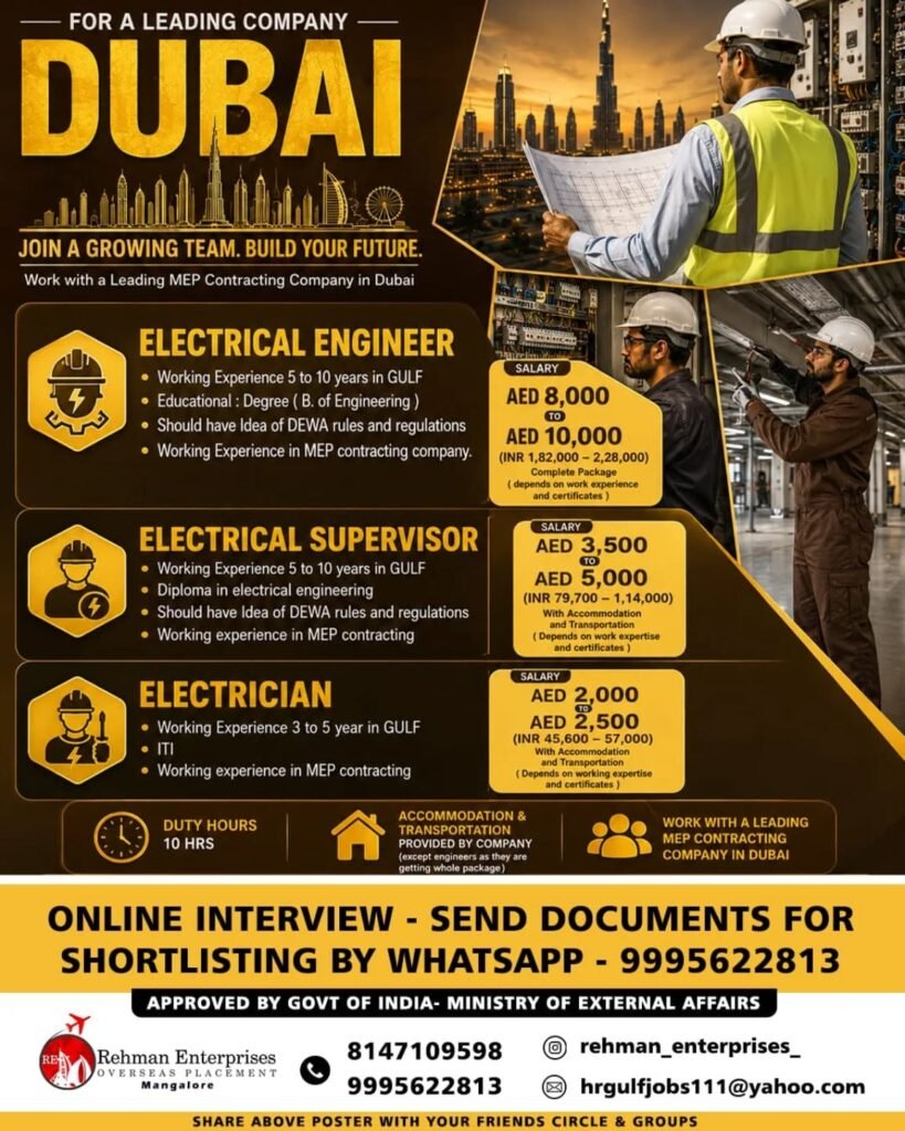 Dubai UAE Jobs 2025: Electrical Engineer, Electrical Supervisor and Electrician Vacancies
